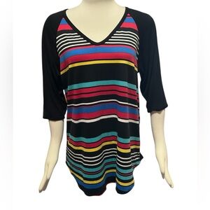 Cool Melon brand Striped V-Neck Women's Top - Black and Multicolor